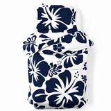 Navy Blue Hawaiian Flowers on White Duvet Cover – Large Scale – Extremely Stoked® Eco Luxe Beach Bedding
