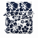 Navy Blue Hawaiian Flowers on White Duvet Cover – Large Scale – Extremely Stoked® Eco Luxe Beach Bedding