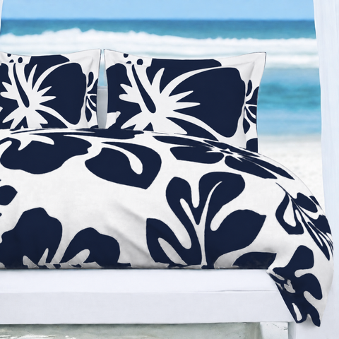 Navy Blue Hawaiian Flowers on White Duvet Cover – Large Scale – Extremely Stoked® Eco Luxe Beach Bedding