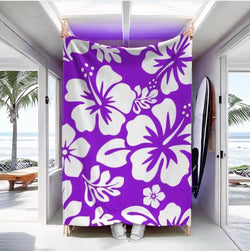 White Hawaiian Hibiscus Flowers on Purple Minky Throw Blanket