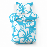 Aqua Blue & White Hawaiian Flowers Duvet Cover – Large Scale – Extremely Stoked® Eco Luxe Beach Bedding