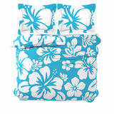 Aqua Blue & White Hawaiian Flowers Duvet Cover – Large Scale – Extremely Stoked® Eco Luxe Beach Bedding
