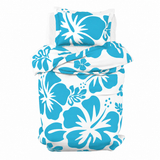 Aqua Blue Hawaiian Flowers on White Duvet Cover – Large Scale – Extremely Stoked® Eco Luxe Beach Bedding