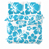Aqua Blue Hawaiian Flowers on White Duvet Cover – Large Scale – Extremely Stoked® Eco Luxe Beach Bedding