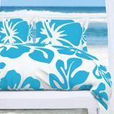 Aqua Blue Hawaiian Flowers on White Duvet Cover – Large Scale – Extremely Stoked® Eco Luxe Beach Bedding