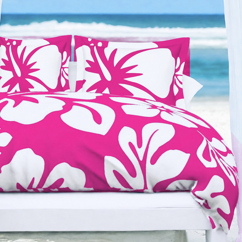 Hot Pink & White Hawaiian Flowers Duvet Cover – Large Scale – Extremely Stoked® Eco Luxe Beach Bedding
