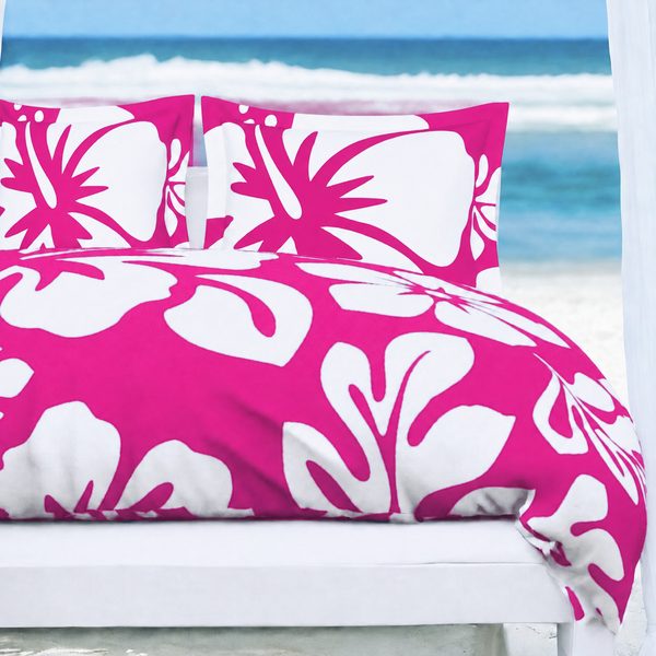 Hot Pink & White Hawaiian Flowers Duvet Cover – Large Scale – Extremely Stoked® Eco Luxe Beach Bedding