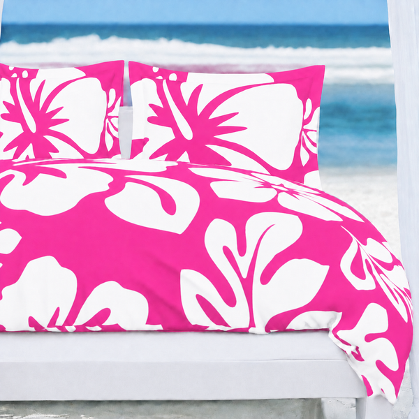 Hot Pink & White Hawaiian Flowers Duvet Cover – Large Scale – Extremely Stoked® Eco Luxe Beach Bedding