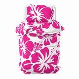 Hot Pink Hawaiian Flowers on White Duvet Cover – Large Scale – Extremely Stoked® Eco Luxe Beach Bedding