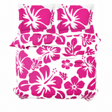 Hot Pink Hawaiian Flowers on White Duvet Cover – Large Scale – Extremely Stoked® Eco Luxe Beach Bedding