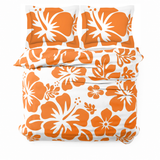 Orange Hawaiian Flowers on White Duvet Cover – Large Scale – Extremely Stoked® Eco Luxe Beach Bedding