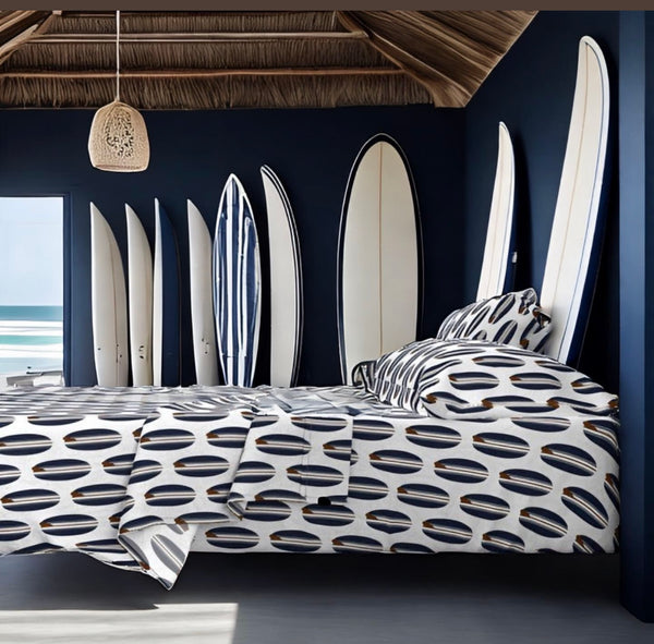 Navy Blue and Brown Classic Surfboards Sheet Set from Surfer Bedding™️ Medium Scale - Extremely Stoked