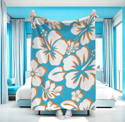 Aqua Blue, Orange and White Hawaiian Flowers Minky Throw Blanket