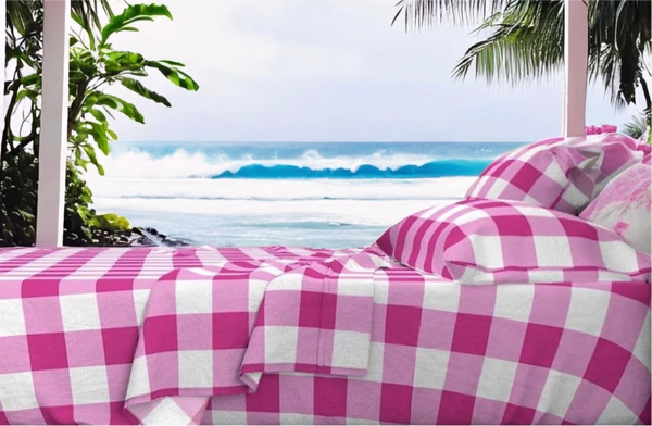 Hot Pink Preppy Surfer Girl Gingham Sheet Set - Extremely Stoked® Eco Luxe Beach Bedding