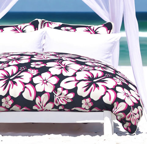 Navy Blue, Surfer Girl Pink and White Hibiscus and Hawaiian Flowers Duvet Cover - Medium Scale - Extremely Stoked
