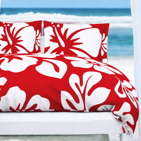 Red & White Hawaiian Flowers Duvet Cover – Large Scale – Extremely Stoked® Eco Luxe Beach Bedding