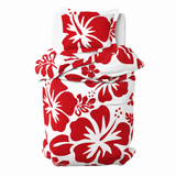 Red Hawaiian Flowers on White Duvet Cover – Large Scale – Extremely Stoked® Eco Luxe Beach Bedding