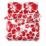 Red Hawaiian Flowers on White Duvet Cover – Large Scale – Extremely Stoked® Eco Luxe Beach Bedding
