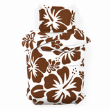 Brown Hawaiian Flowers on White Duvet Cover– Large Scale – Extremely Stoked® Eco Luxe Beach Bedding
