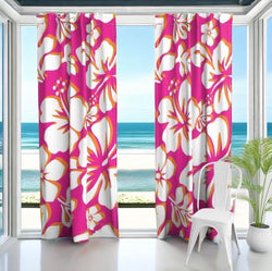 Surfer Girl Pink, Juicy Orange and White Hawaiian Hibiscus Flowers Window Curtains - Extremely Stoked