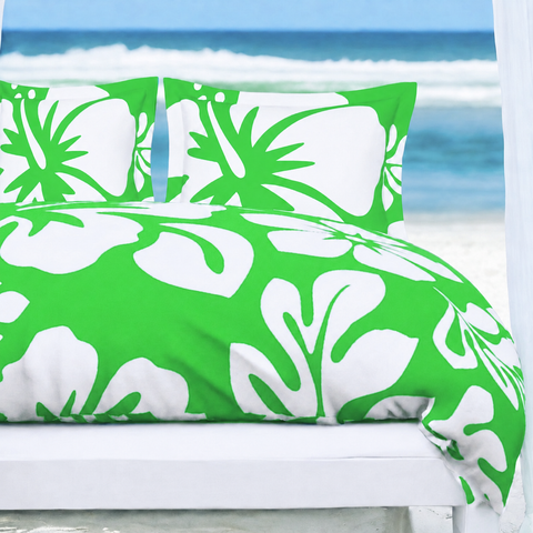 Lime Green & White Hawaiian Flowers Duvet Cover – Large Scale – Extremely Stoked® Eco Luxe Beach Bedding