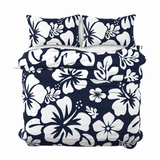 Navy Blue & White Hawaiian Flowers Duvet Cover – Large Scale – Extremely Stoked® Eco Luxe Beach Bedding