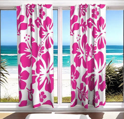 Surfer Girl Pink Hawaiian Flowers on White Window Curtains - Extremely Stoked