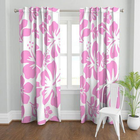 Soft Pink Hawaiian Flowers on White Window Curtains