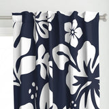 NAVY BLUE AND WHITE HAWAIIAN HIBISCUS FLOWERS WINDOW CURTAINS