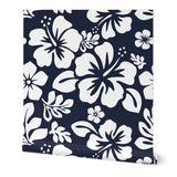 Navy Blue and White Hawaiian Flowers Wallpaper