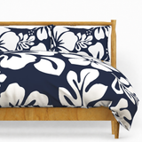 Navy Blue & White Hawaiian Flowers Duvet Cover – Large Scale – Extremely Stoked® Eco Luxe Beach Bedding
