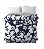 Navy blue and white floral Hawaiian duvet cover bedding set 