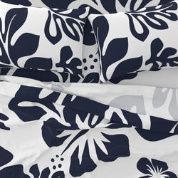 Navy Blue Hawaiian Flowers on White Sheet Set