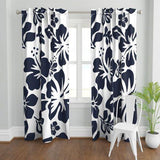 navy blue and white hibiscus flowers window curtains