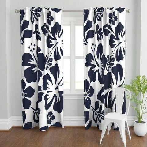 navy blue and white hibiscus flowers window curtains
