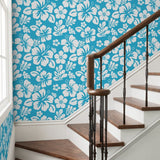 White Hawaiian Flowers on Aqua Blue Wallpaper - Extremely Stoked® Eco Beach Luxe Collection