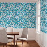 White Hawaiian Flowers on Aqua Blue Wallpaper - Extremely Stoked® Eco Beach Luxe Collection