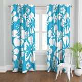 White Hawaiian Flowers on Aqua Blue Window Curtains -  Extremely Stoked® Eco Beach Luxe Collection - Large Scale