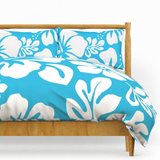 Aqua Blue & White Hawaiian Flowers Duvet Cover – Large Scale – Extremely Stoked® Eco Luxe Beach Bedding