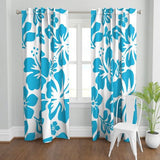 Aqua Ocean Blue Hawaiian Flowers on White Window Curtains