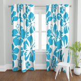 Aqua Blue Hawaiian Flowers on White Window Curtains - Extremely Stoked® Eco Beach Luxe Collection - Large Scale