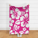 White Hibiscus and Hawaiian Flowers on Surfer Girl Pink Minky Throw Blanket