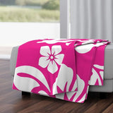 White Hibiscus and Hawaiian Flowers on Surfer Girl Pink Minky Throw Blanket