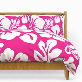 Hot Pink & White Hawaiian Flowers Duvet Cover – Large Scale – Extremely Stoked® Eco Luxe Beach Bedding