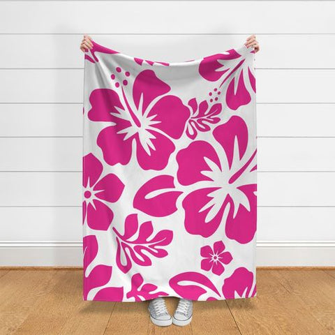 surfer girl hot pink hibiscus and hawaiian flowers minky throw blanket