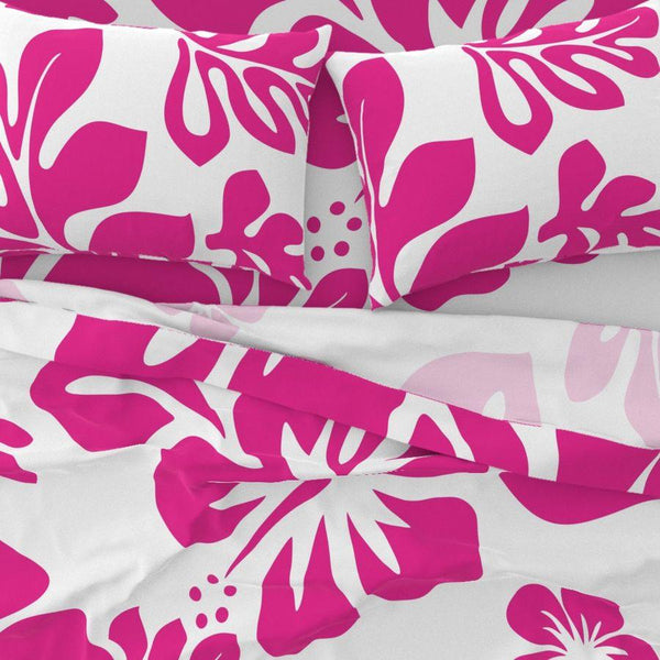 Surfer Girl Pink Hawaiian Flowers on White Sheet Set from Surfer Bedding™️ Large Scale - Extremely Stoked