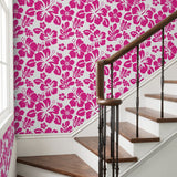 Hot Pink Hawaiian Flowers on White Wallpaper - Extremely Stoked® Eco Beach Luxe Collection
