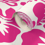 Hot Pink Hawaiian Flowers on White Wallpaper - Extremely Stoked® Eco Beach Luxe Collection
