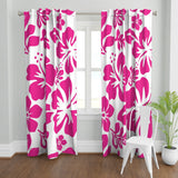 Hot Pink Hawaiian Flowers on White Window Curtains - Extremely Stoked® Eco Beach Luxe Collection - Large Scale