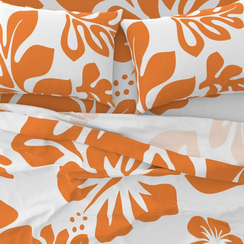 Juicy Orange Hawaiian Flowers on White Sheet Set from Surfer Bedding™️ Large Scale - Extremely Stoked